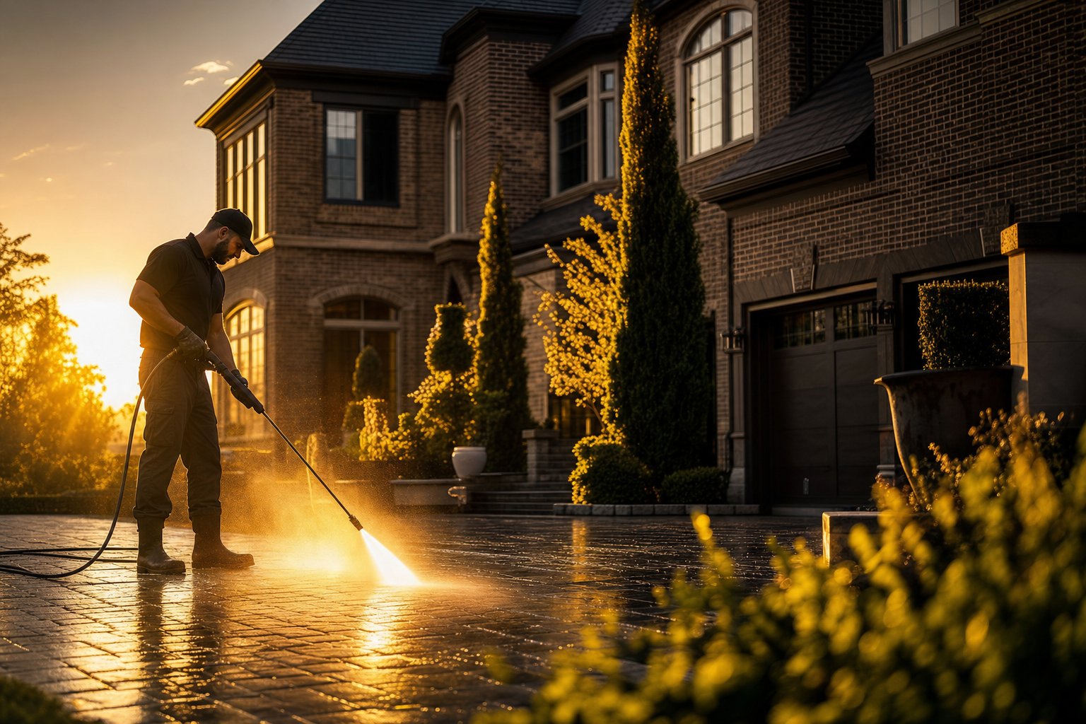 Pressure washing technician cleaning a paver driveway in front of a luxury brick home at golden hour