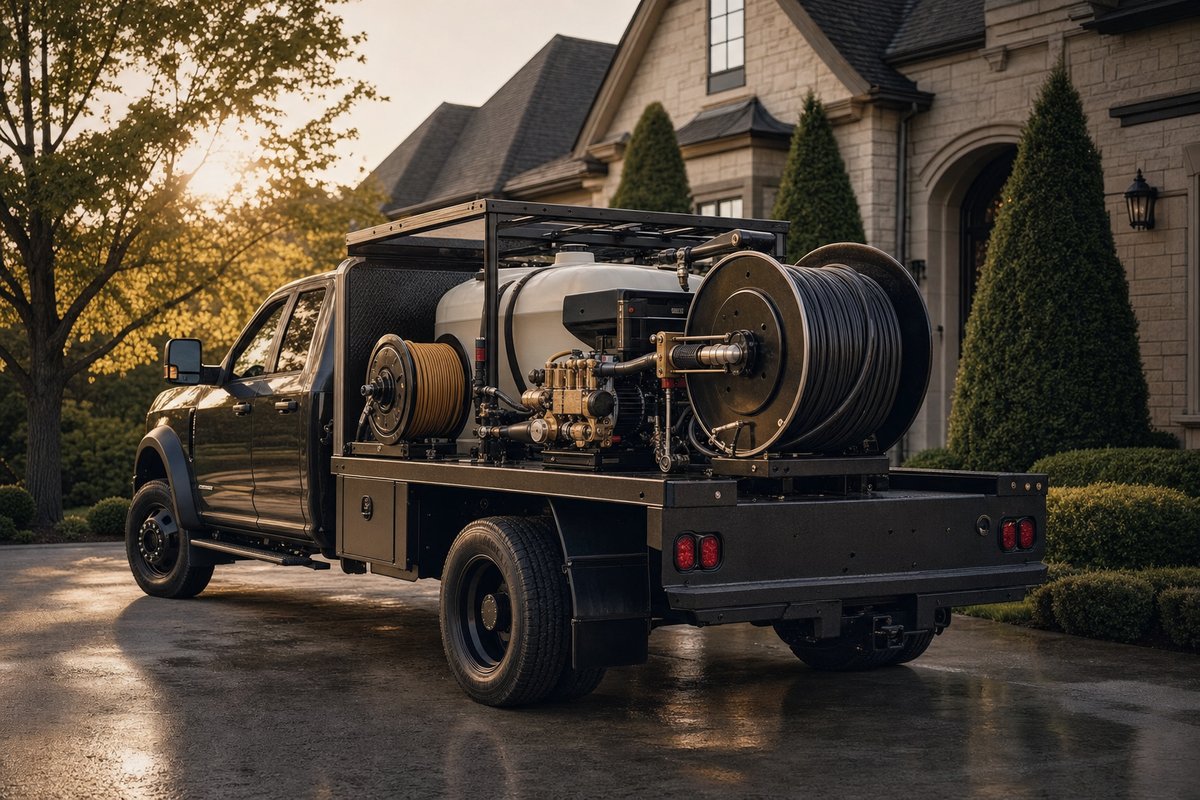 Professional truck-mounted pressure washing equipment and hose reel
