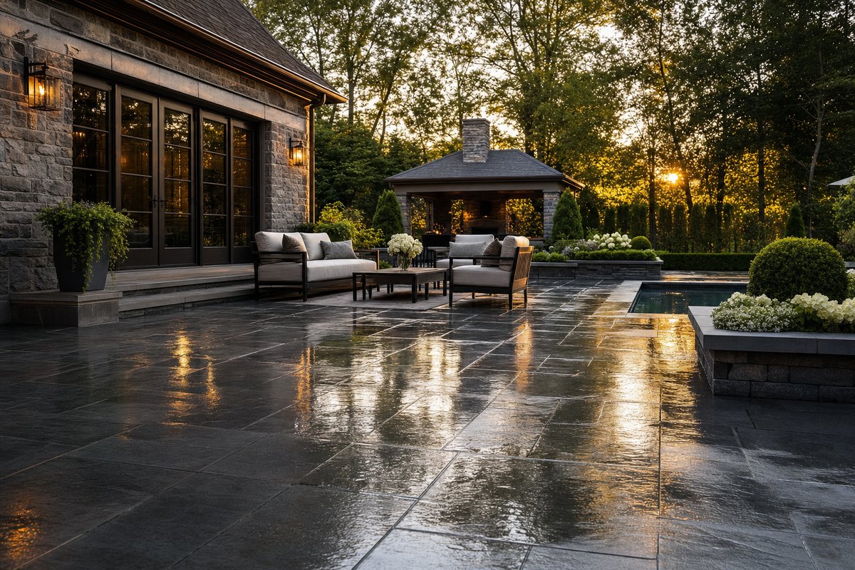 Freshly cleaned stone patio and outdoor living space at dusk