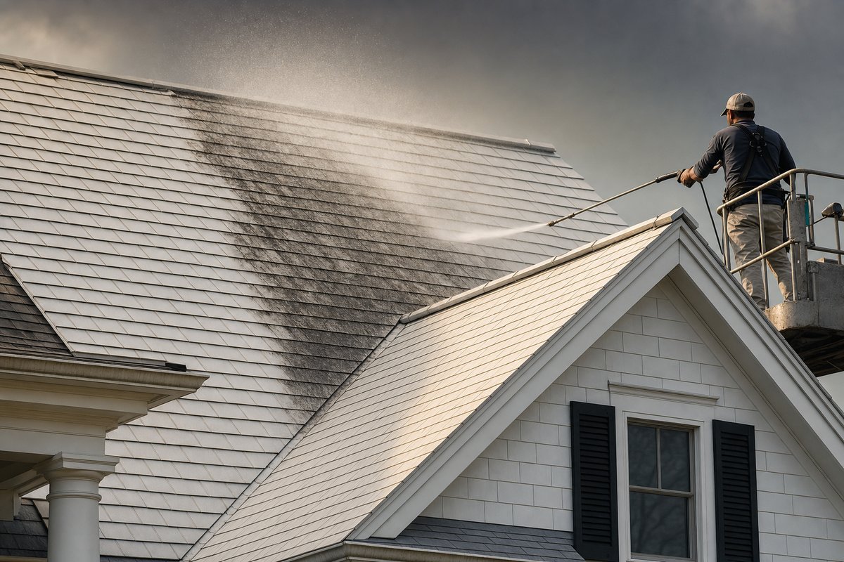Soft wash roof cleaning removing black streaks from shingles at golden hour