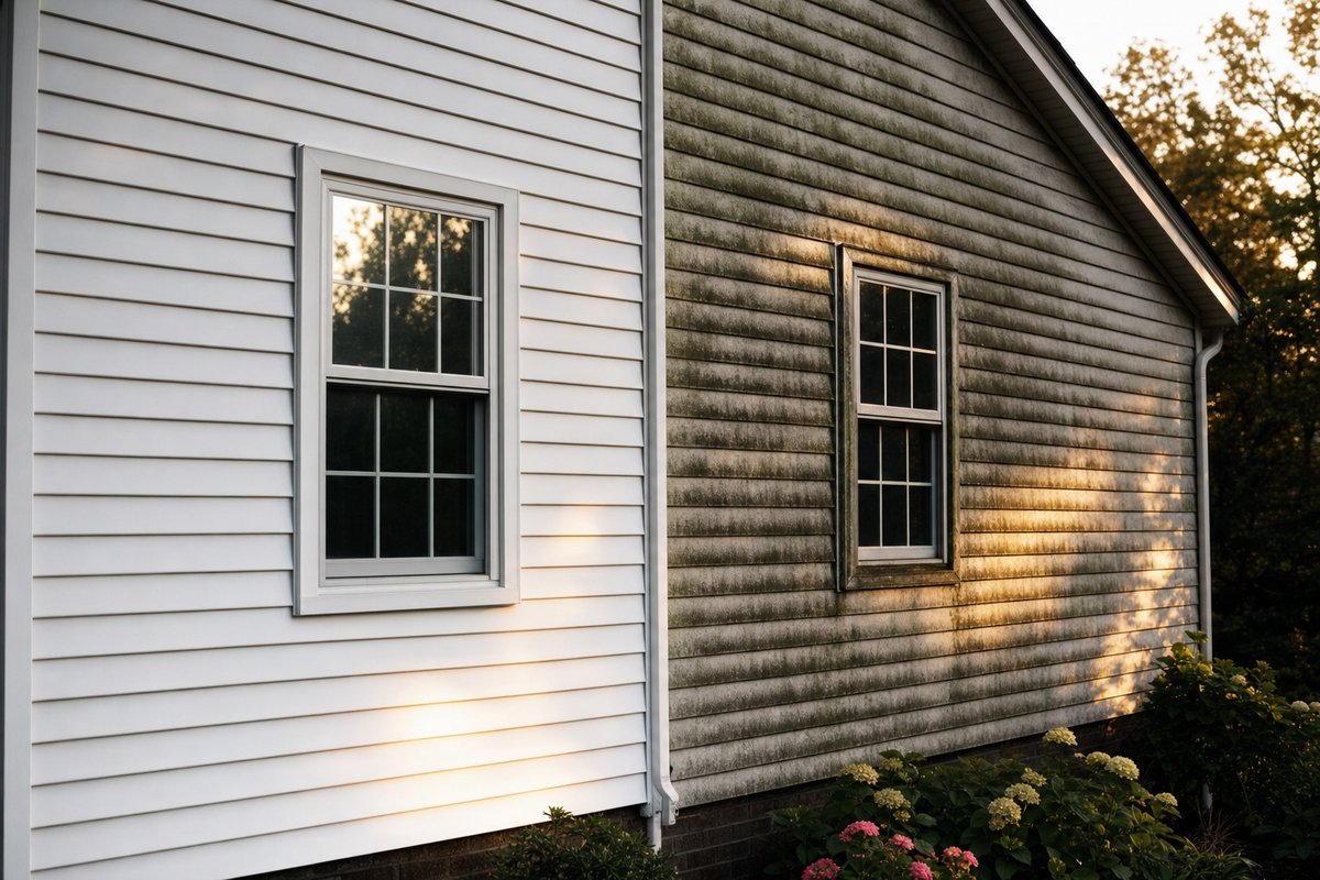 Clean white siding next to dirty mildew-stained siding, before and after comparison